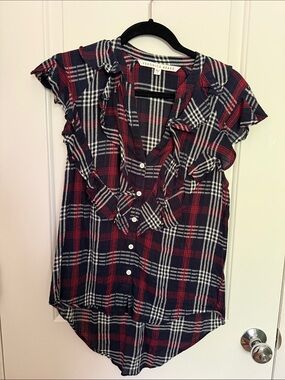 Veronica Beard Navy, Red & White Plaid Ruffle Button-Down Top Gauze size 12